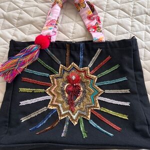 Embroidered Black Tote Bag with Multicolor Starburst